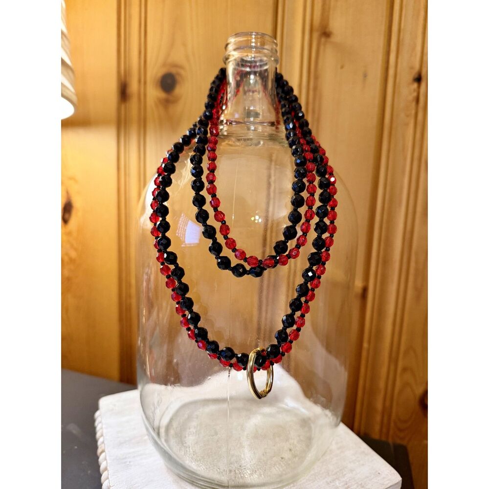 Vintage 1960s Multi Strand Faceted Bead Necklace, Red Black Lucite Opera Rope